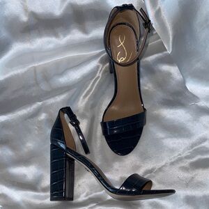 Sam Edelman “Yaro” Navy Blue Croc-Embossed Stacked Heel Sandals